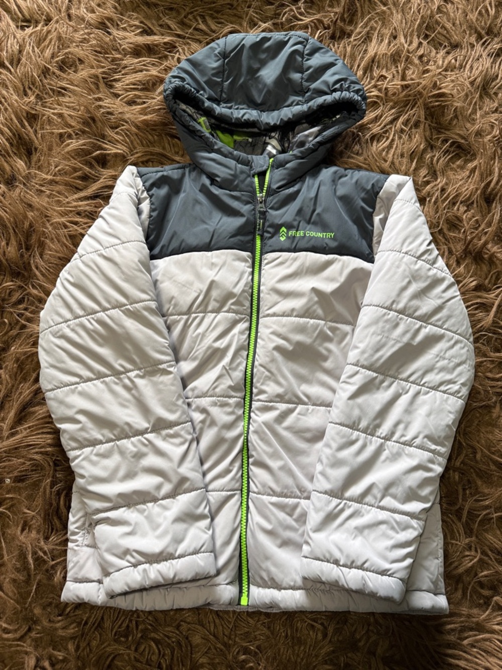 Free Country Gray & Charcoal Puffer Jacket with Lime Accents